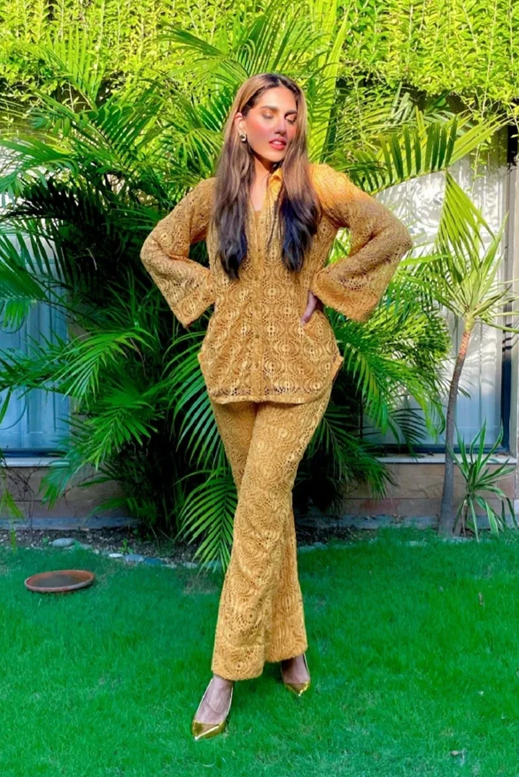 Picture of Manahils - Mustard Crochet Co-Ord Set - Available at Raja Sahib