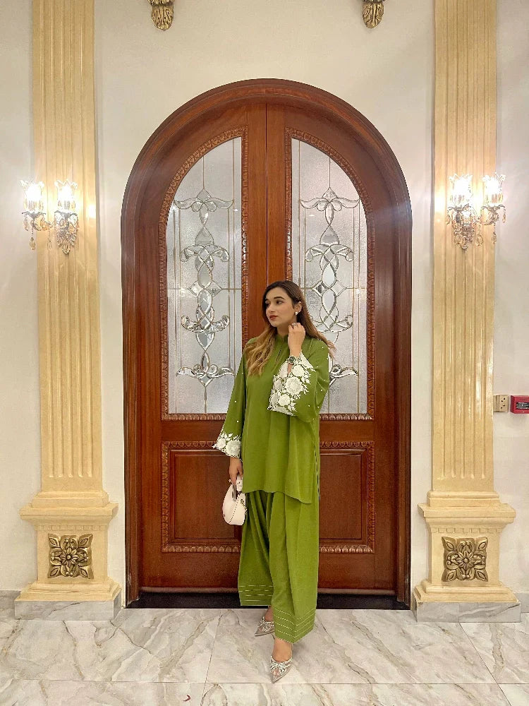 Picture of Manahils - Moss Green Embroidered Two Pc - Available at Raja Sahib