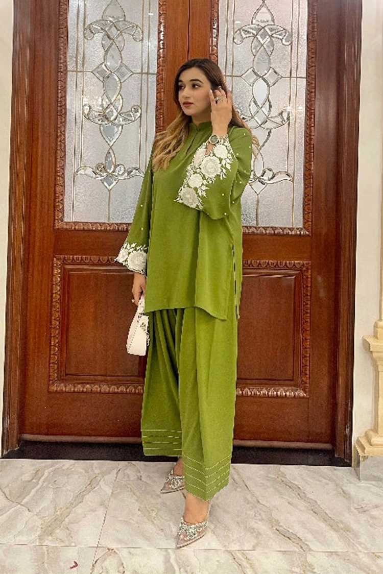 Picture of Manahils - Moss Green Embroidered Two Pc - Available at Raja Sahib