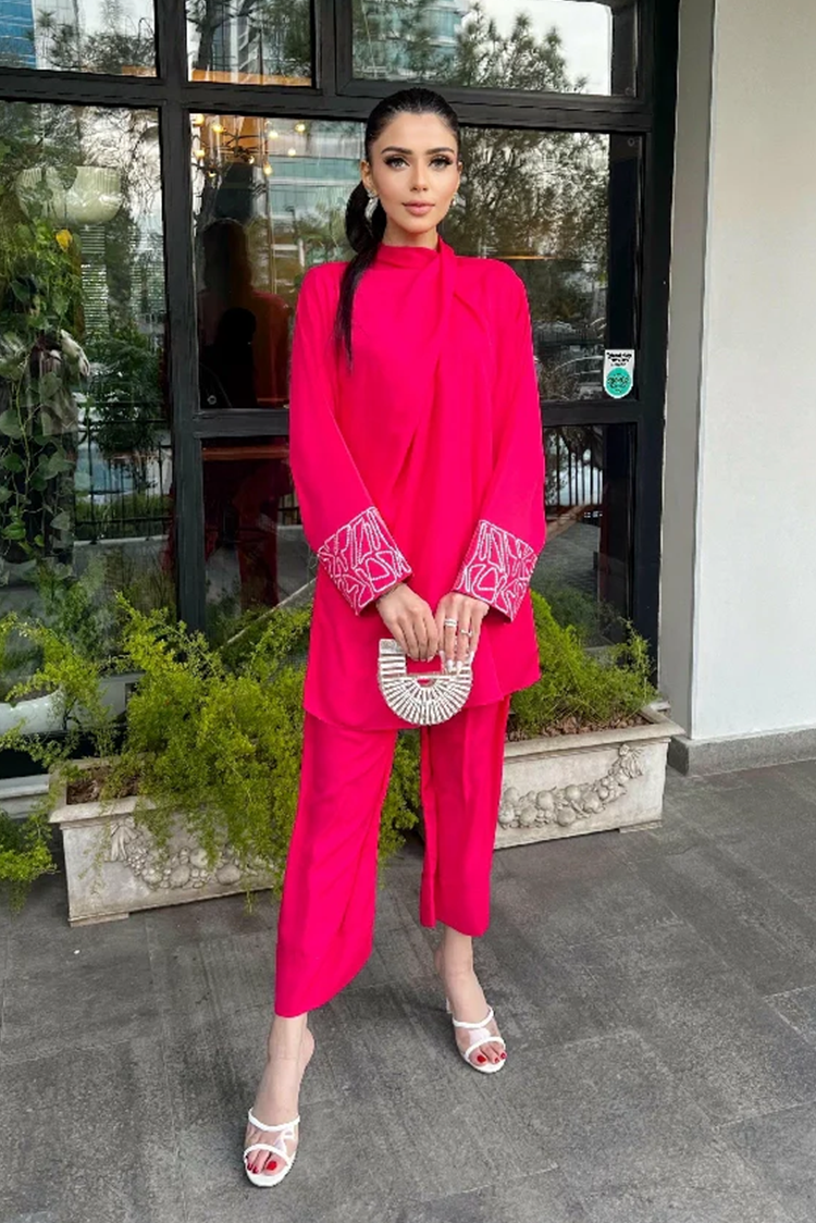 Picture of Manahils - Pink Embroidered Knot Set - Available at Raja Sahib