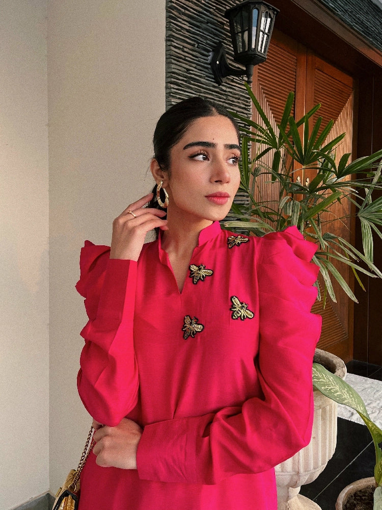 Picture of Manahils - Pink Puffy Sleeves Raw Silk - Available at Raja Sahib