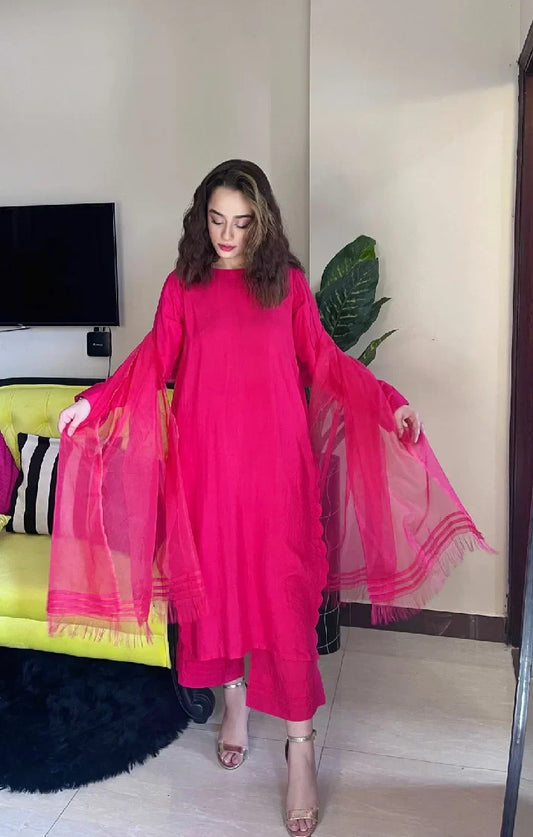 Picture of Manahils - Pink Raw Silk Outfit With Dupatta (3Pc) - Available at Raja Sahib