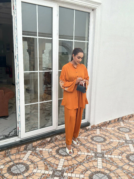 Picture of Manahils - Rusty Threaded Sleeves Two Pc - Available at Raja Sahib