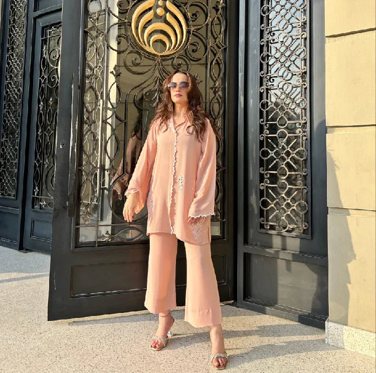 Picture of Manahils - Peach Scallop Co-Ord Set - Available at Raja Sahib