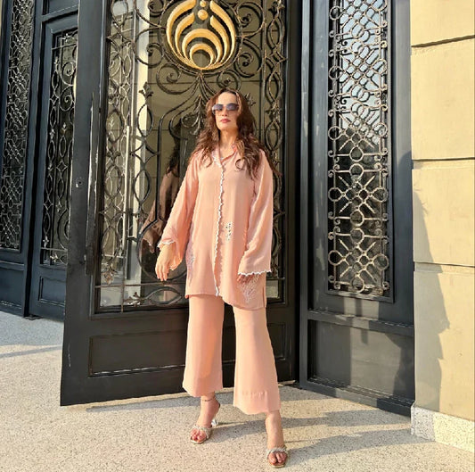 Picture of Manahils - Peach Scallop Co-Ord Set - Available at Raja Sahib