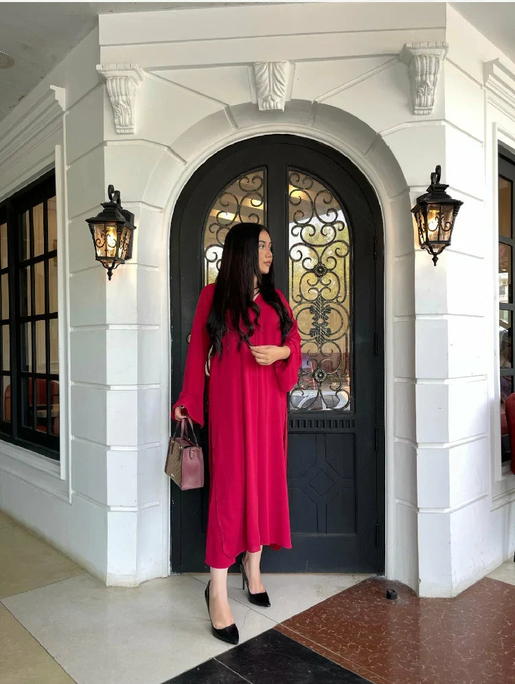 Picture of Manahils - Tunic V Neck Pleated Blood Red Two Pc - Available at Raja Sahib