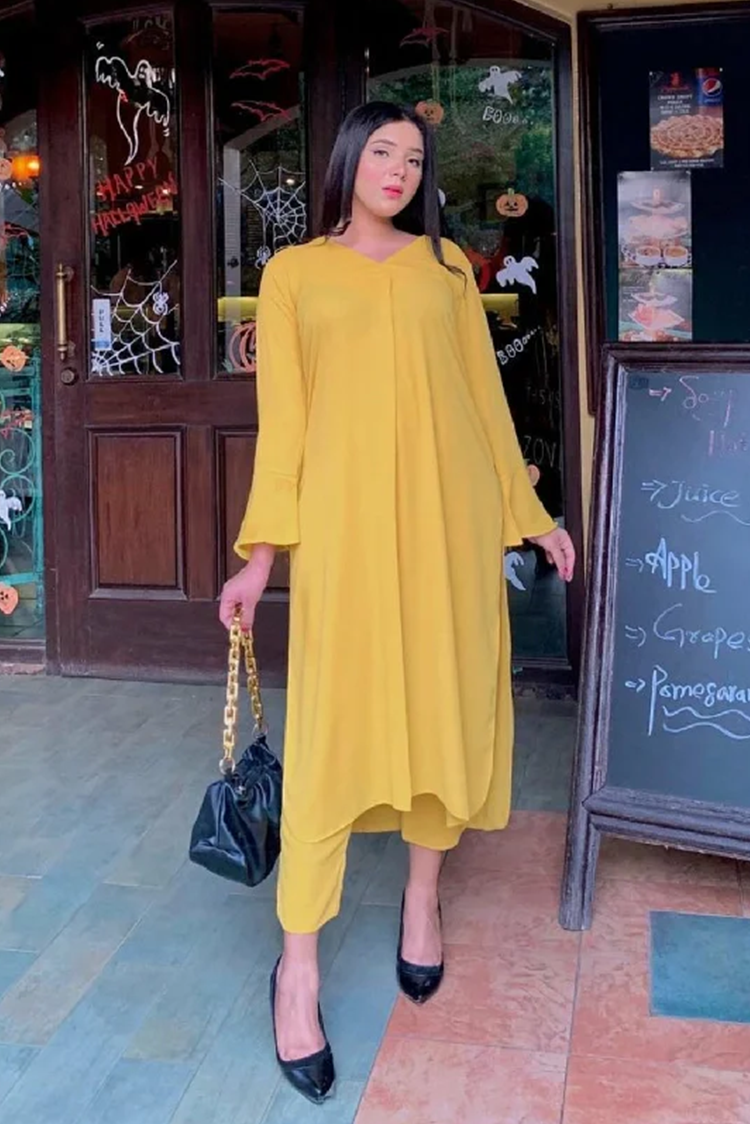 Picture of Manahils - Tunic V Neck Pleated Yellow Two Pc - Available at Raja Sahib
