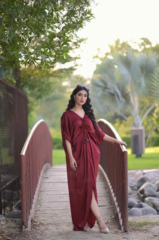 Picture of Manahils - Velvet Silk Kaftan Maroon - Available at Raja Sahib