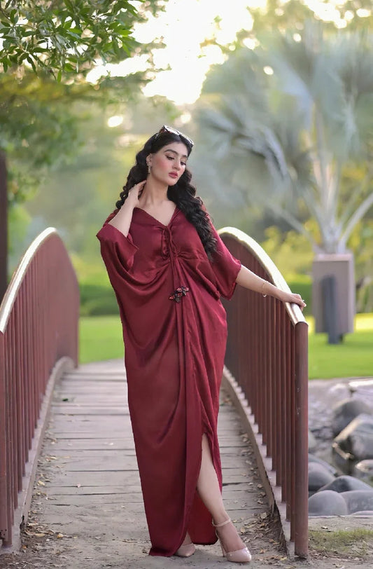 Picture of Manahils - Velvet Silk Kaftan Maroon - Available at Raja Sahib