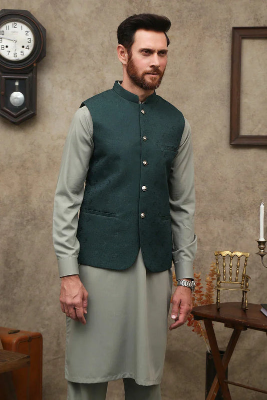 Maqsood Garments - Green Jamawar Men's Waist Coat