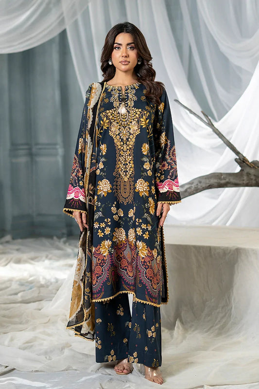 Meerak - 3 PC Embroidered Linen Pret - Navy Charm