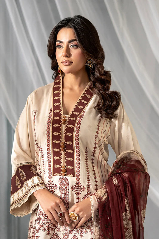 Meerak - 3 PC Embroidered Linen Pret - Beige Rose