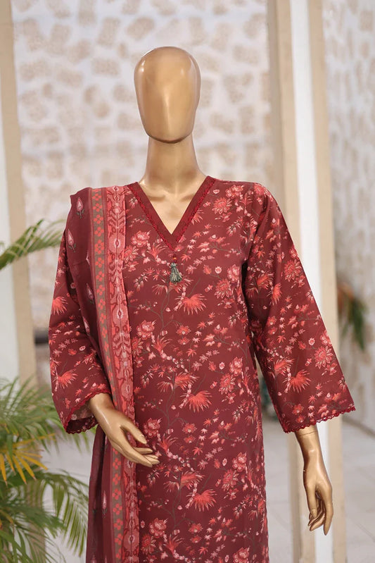 Suntex Fabrics - Maroon Printed Lawn Suit - 3 Piece