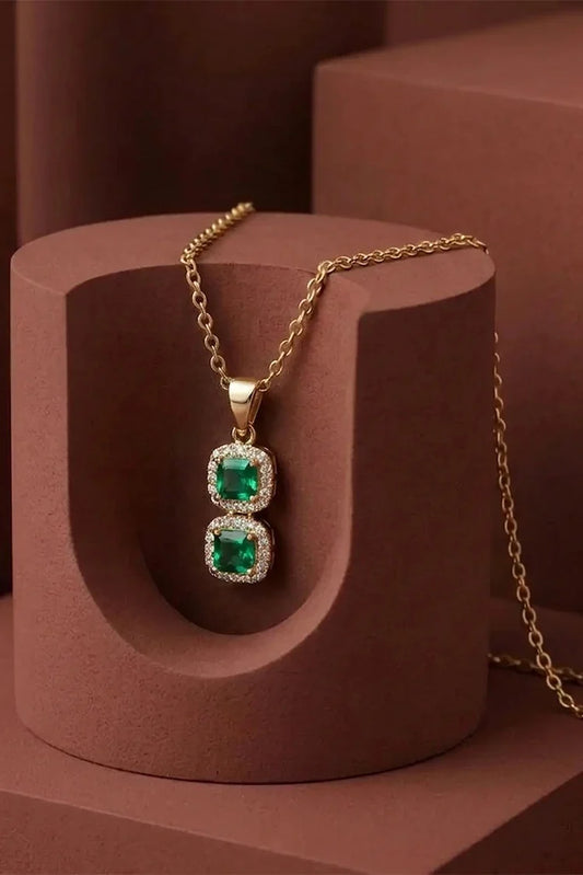 Pastels - Diamond Aura Double Square Emerald Necklace - [A]N213