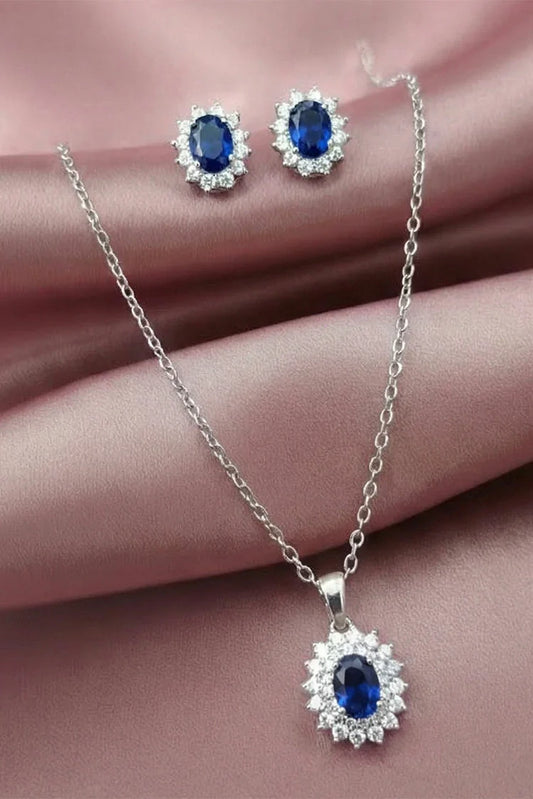 Pastels - Blue Sapphire Oval Necklace & Earrings Jewelry Set - S055