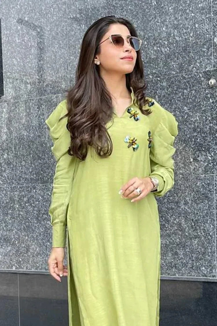 Picture of Manahils - Lemon Green Puffy Sleeves Raw Silk - 2 Pc - Available at Raja Sahib