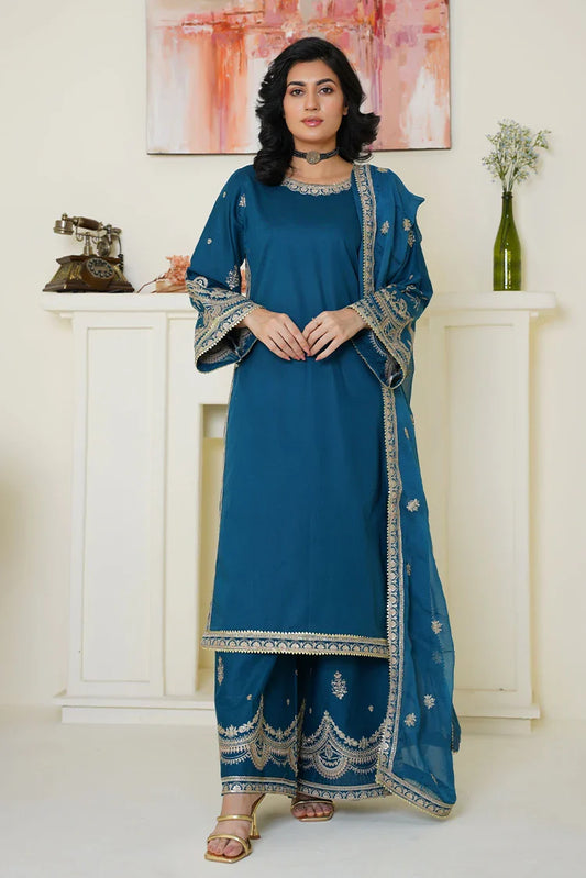 Threads & Weaves - Embroidered Lawn 3 Piece Suit - Elegant Teal Blue