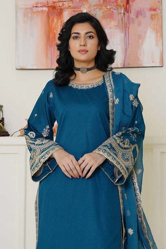 Threads & Weaves - Embroidered Lawn 3 Piece Suit - Elegant Teal Blue