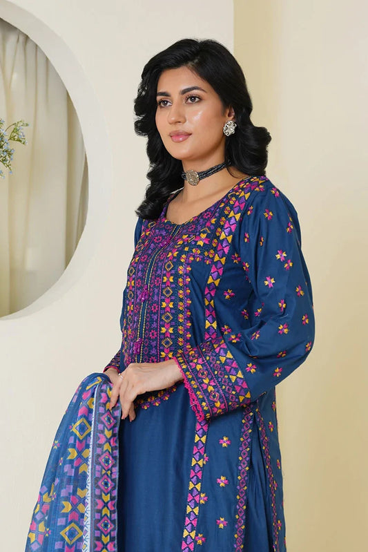 Threads & Weaves - Embroidered Lawn 3 Piece Suit - Royal Blue