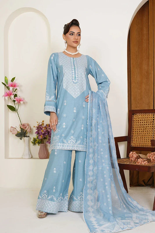 Threads & Weaves - Embroidered Lawn 3 Piece Suit - Powder Blue