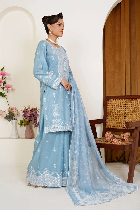Threads & Weaves - Embroidered Lawn 3 Piece Suit - Powder Blue