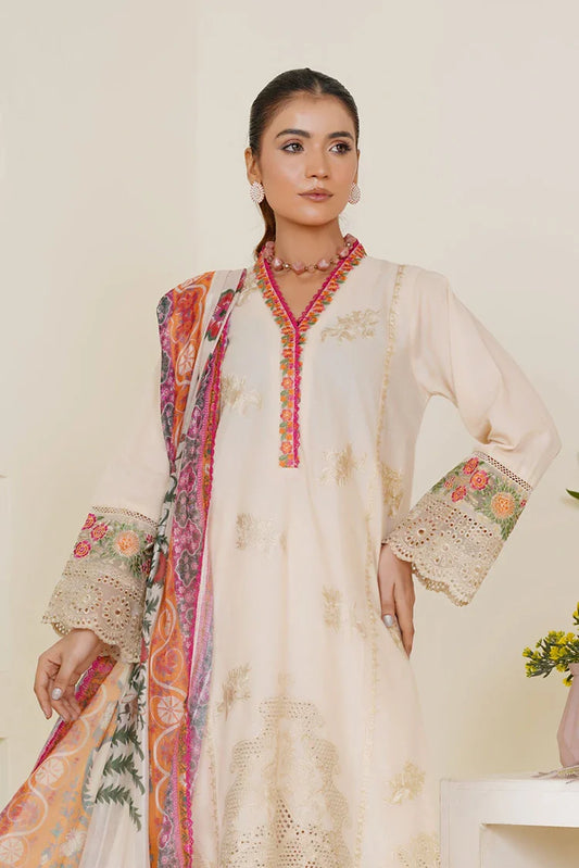 Threads & Weaves - Embroidered Lawn 3 Piece Suit - Ivory Cream