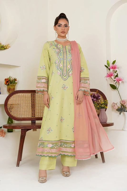 Threads & Weaves - Embroidered Lawn 3 Piece Suit - Lime Green