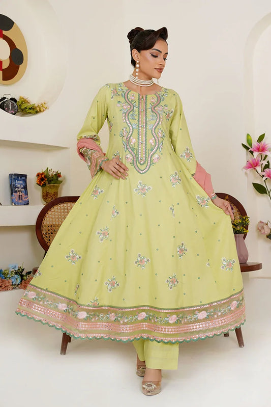 Threads & Weaves - Embroidered Lawn 3 Piece Suit - Lime Green