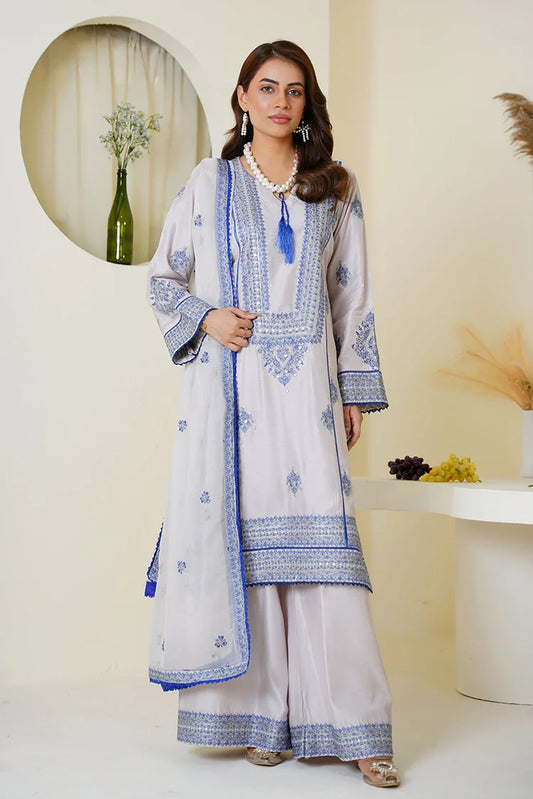 Threads & Weaves - Embroidered Viscose 3-Piece Suit - Icy Lavender & Blue