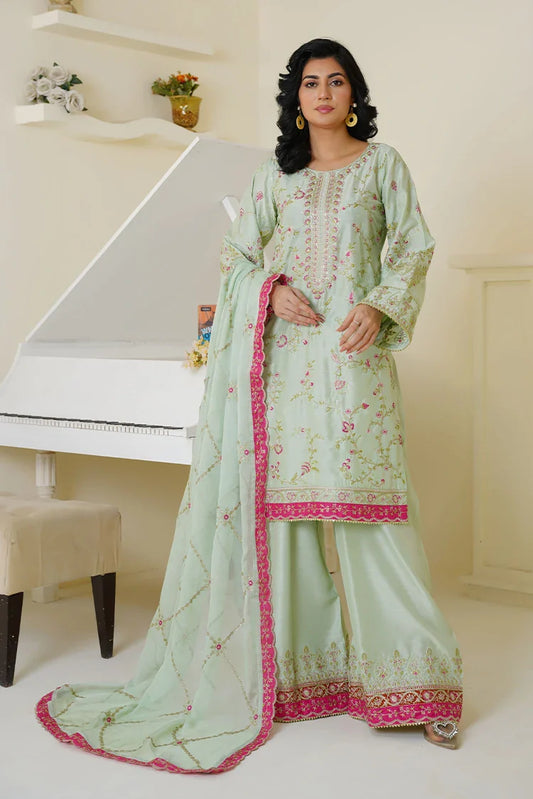 Threads & Weaves - Embroidered Viscose 3 Piece Suit - Mint Green & Pink