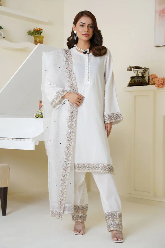 Threads & Weaves - Embroidered Viscose 3-Piece Suit - Ivory White