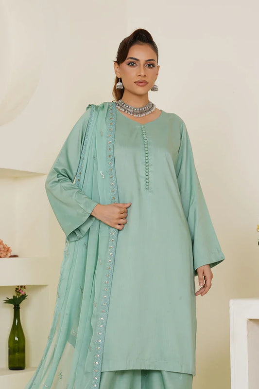 Threads & Weaves - Green Solid 3-Piece Ready-To-Wear Suit - Pastel Sea
