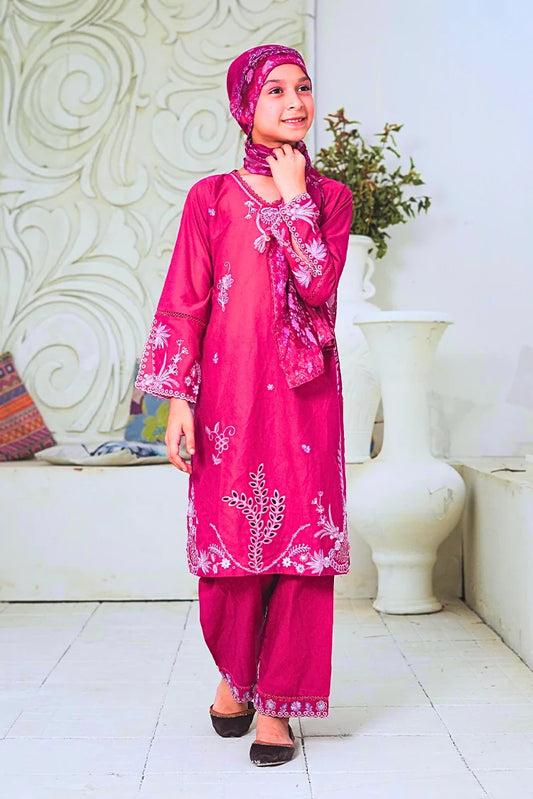 Suntex Fabrics - 3 Piece Girls Lawn Embroidered Suit - Magenta Blossom