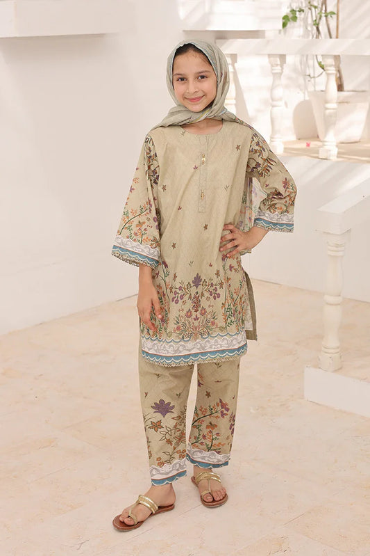 Suntex Fabrics - Khaki Printed Lawn Suit - 3 Piece
