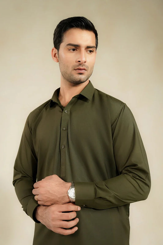 Divinely Crafted - Men Shalwar Kameez - Regal Olive