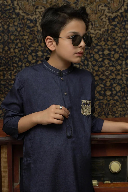 Maqsood Garments - Patched Kid's Wash & Wear Kurta - Navy Blue