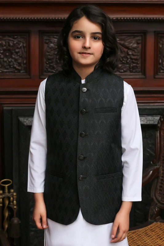 Maqsood Garments - Jamawar Kid's Waistcoat - Black