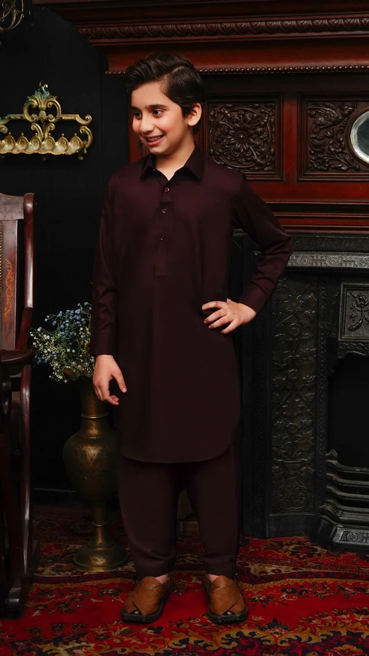 Maqsood Garments - Collar Kid's Wash & Wear Kameez Shalwar - Maroon