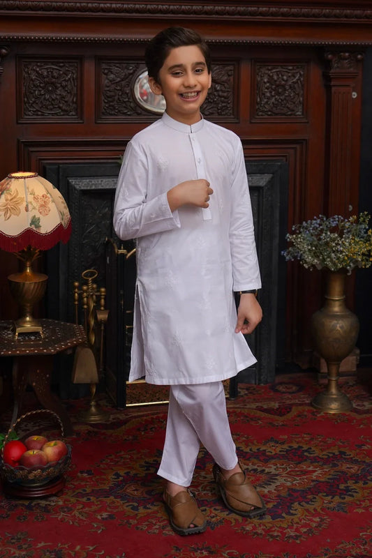 Maqsood Garments - Cotton Embroidered Kid's Kameez Shalwar - White
