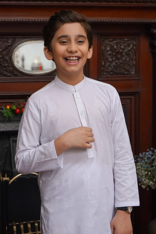 Maqsood Garments - Cotton Embroidered Kid's Kameez Shalwar - White