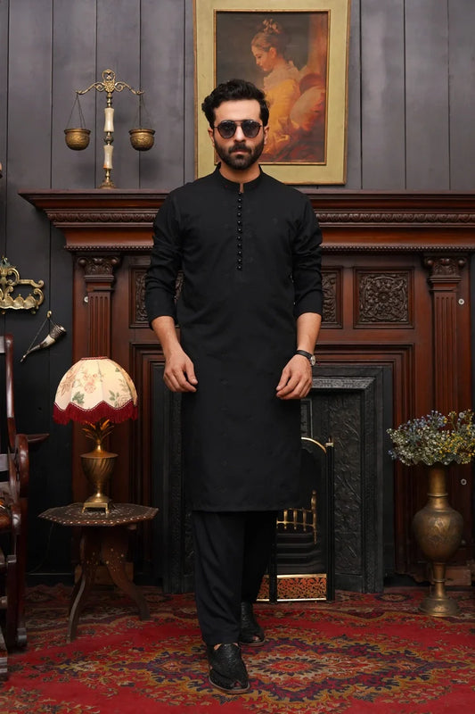 Maqsood Garments - Embroidered Wash & Wear Men's Kameez Shalwar - Black