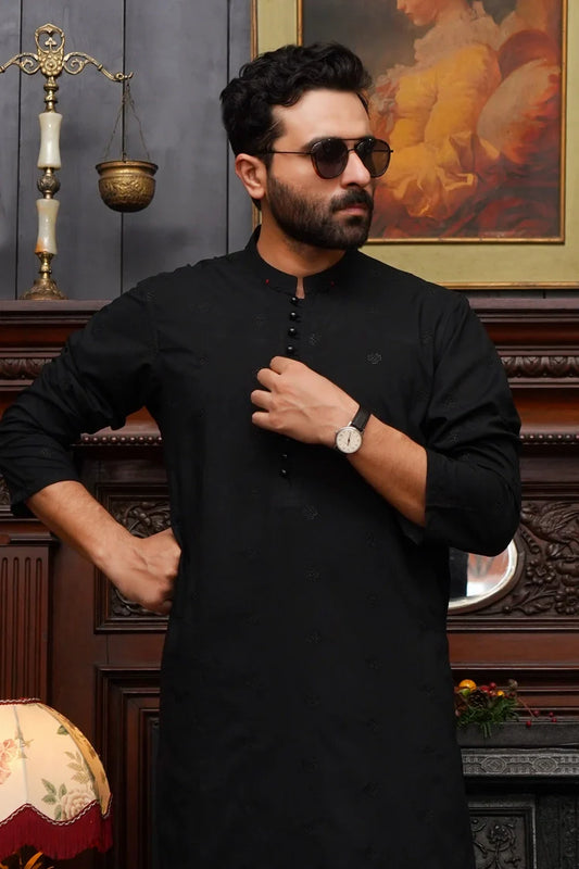 Maqsood Garments - Embroidered Wash & Wear Men's Kameez Shalwar - Black