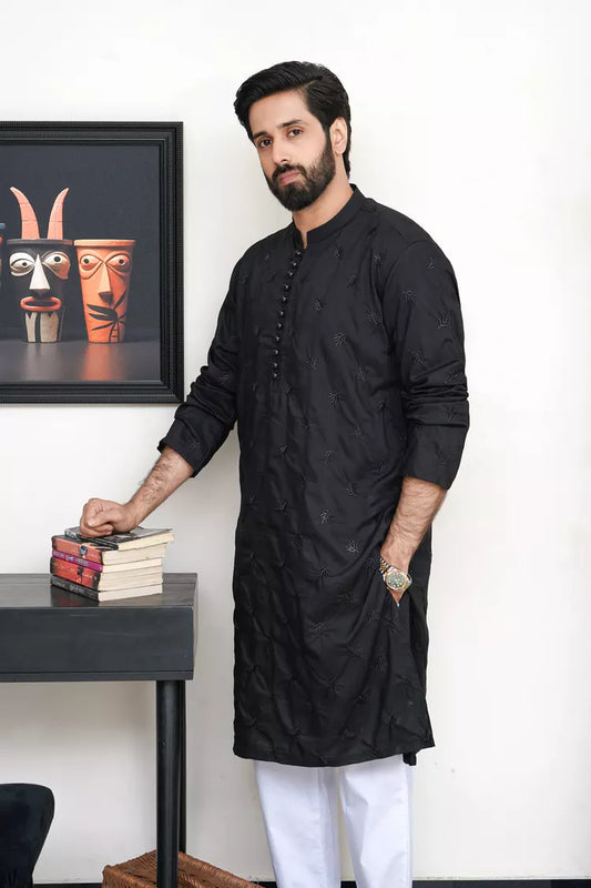Maqsood Garments - Embroided Men's Kurta - Jet Black