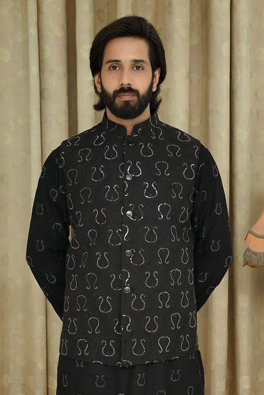 Maqsood Garments - Sequence Embroidery Men's Waistcoat - Black