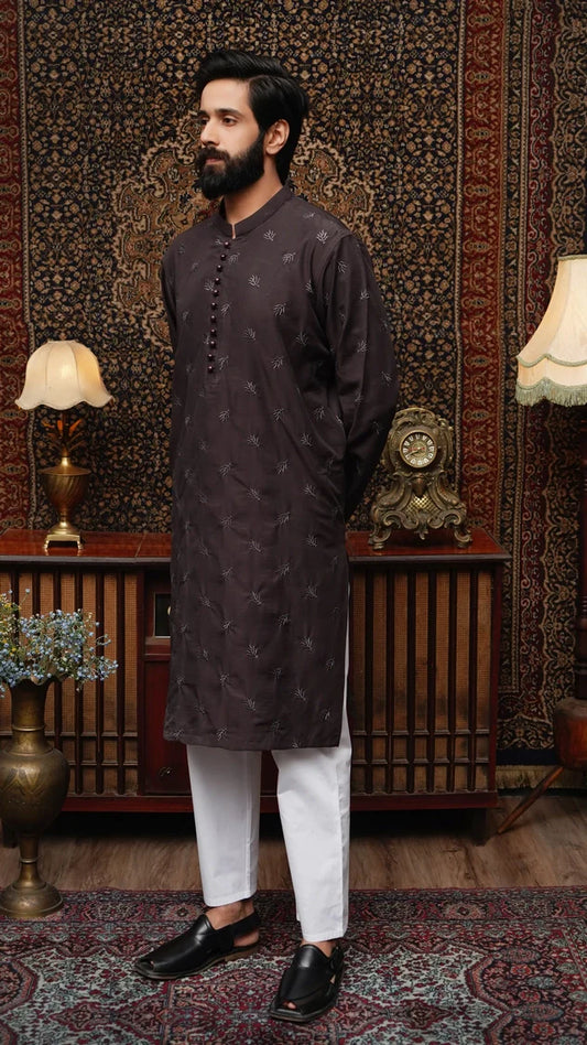 Maqsood Garments - Embroidered Men's Kurta - Chocolate Brown
