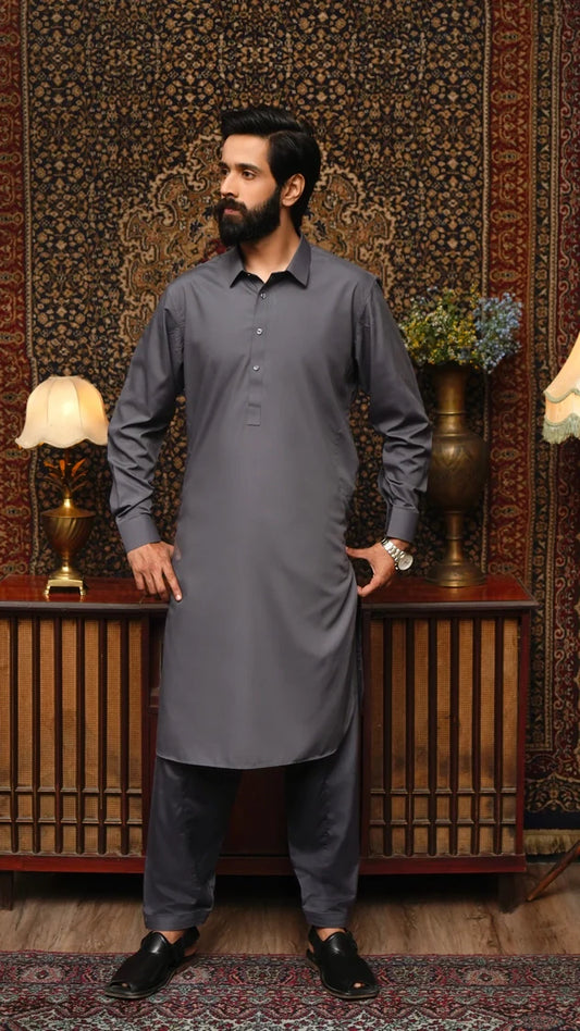 Maqsood Garments - Collar Wash & Wear Men's Shalwar Kameez - Grey