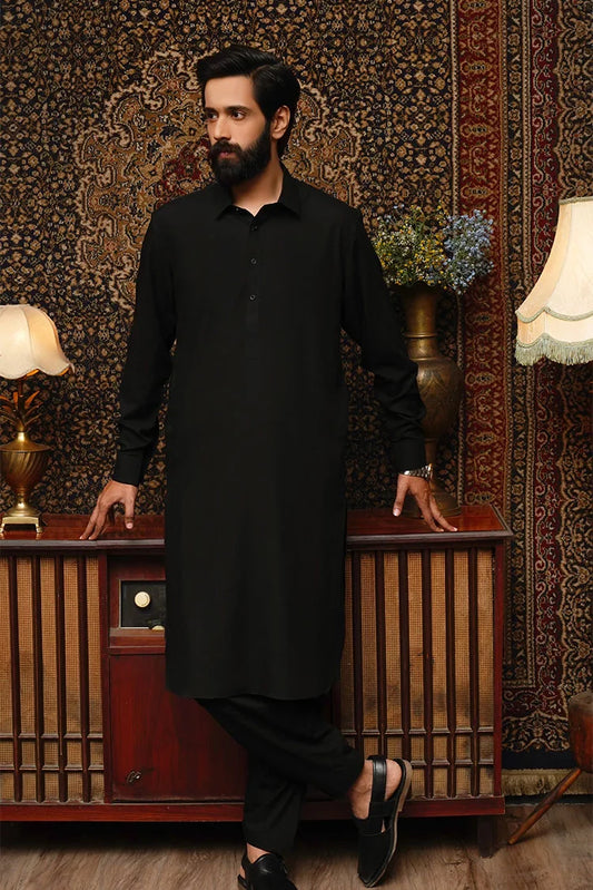 Maqsood Garments - Collar Wash & Wear Men's Shalwar Kameez - Jet Black
