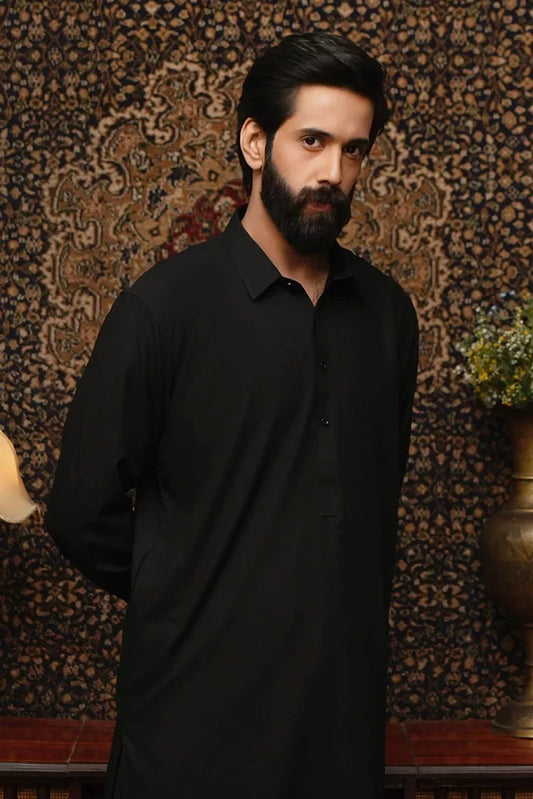 Maqsood Garments - Collar Wash & Wear Men's Shalwar Kameez - Jet Black