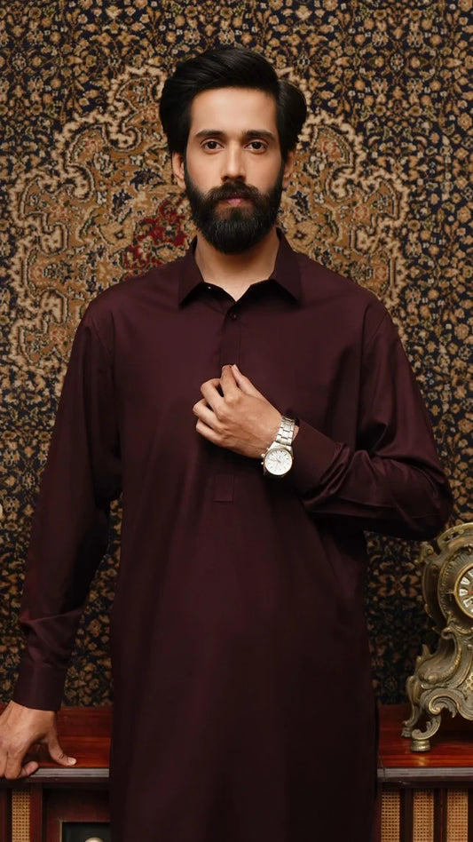 Maqsood Garments - Collar Wash & Wear Men's Shalwar Kameez - Maroon