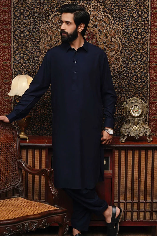 Maqsood Garments - Collar Wash & Wear Men's Shalwar Kameez - Navy Blue